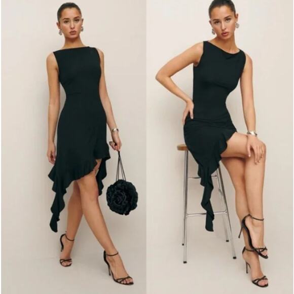 Reformation Dresses & Skirts - Reformation Quinley Black Sleeveless High Neck Asymmetric Ruffle Tank Dress L